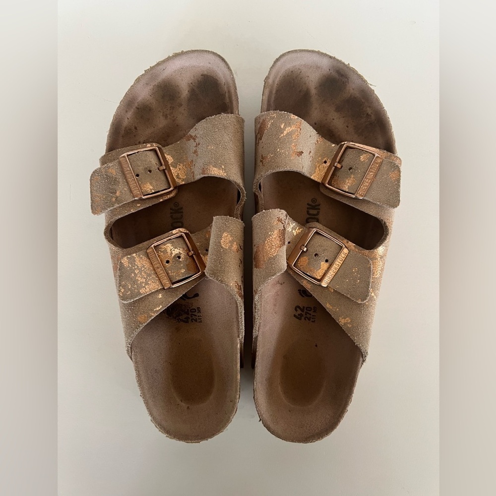 Birkenstock Arizona Khaki with Copper Splashes Sandals, size 42